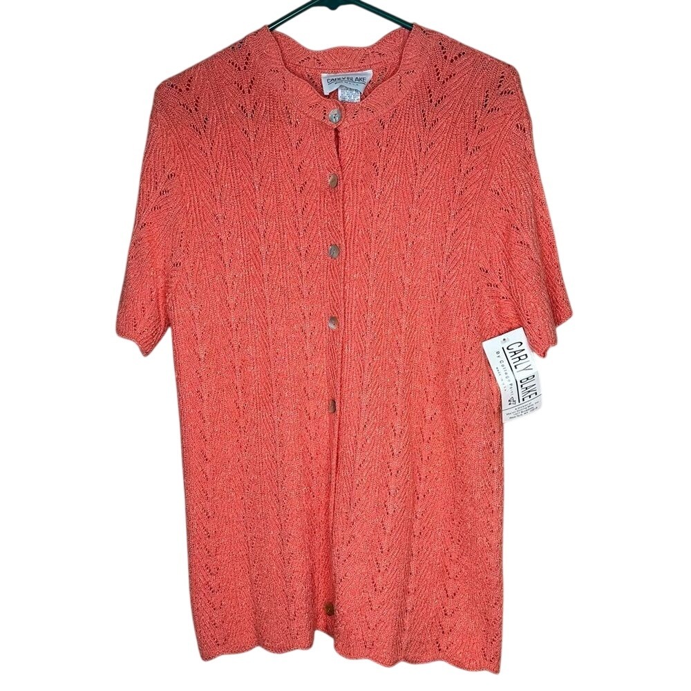 Carly Blake Vintage Coral Pink Pointelle Knit Short Sleeve Cardigan Sweater USA